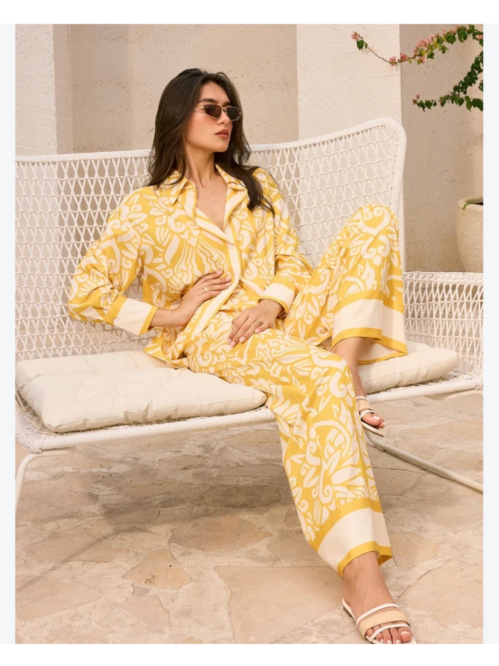 Commense Yellow and White Printed Two-Piece Pant Set Size M Boho Resort Lounge